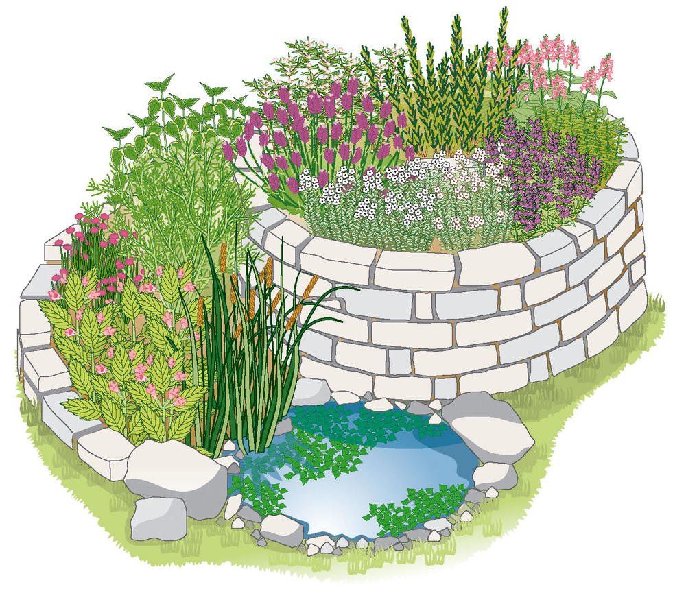 Zeichnung von der Aufteilung einer Kräuterspirale.